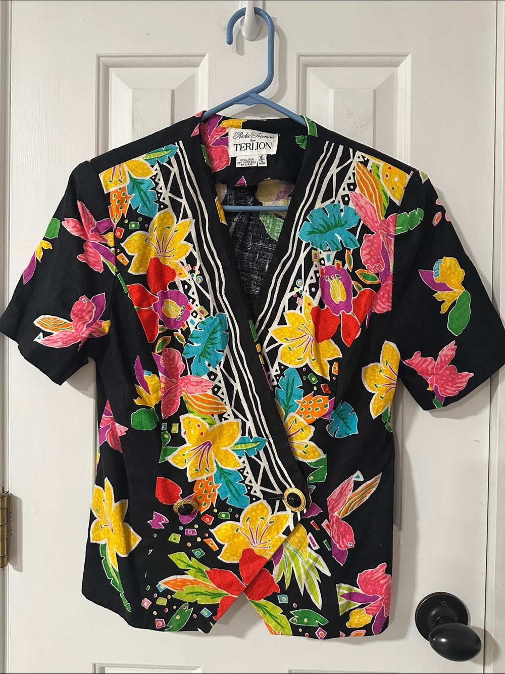 Vintage Teri Jon Black Bright Floral Short-Sleeve Wrap Jacket Blouse Size 10